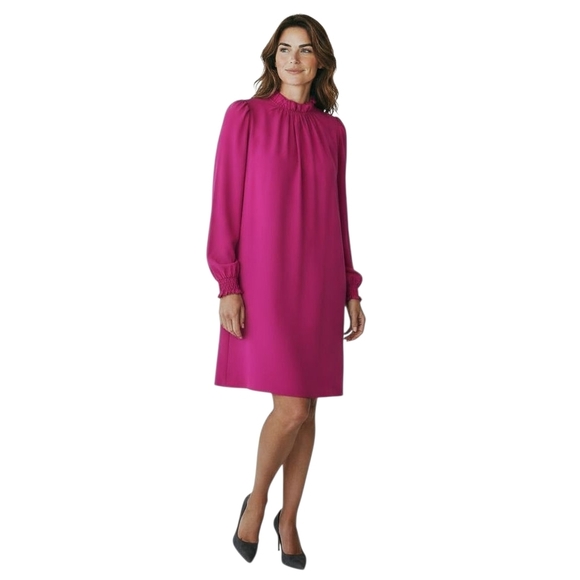 J.CREW Shift Dress Magenta Pink Long Sleeve Ruffle Neck Zip Back 6 - Picture 2 of 10